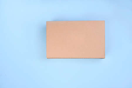 Craft unlabeled cardboard package box presented on stressed brushed on a blue background. The...