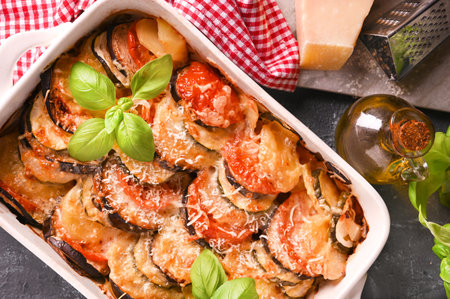 Baked eggplant, tomatoes with sauce, parmesan and basil. Traditional italian food. Rustic food for a healthy diet. Vegetables for lunch. Place for your text. Bright postcard with foodの写真素材