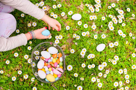 Easter eggs in the grass. A child collects traditional colored eggs and sweets in the garden. The concept of entertainment with children. Copy space. Above.の写真素材