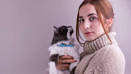 A young girl with a cat in her arms near a gray wall. Beautiful fluffy domestic cat in a collar. Love with pets. Copy spaceの写真素材