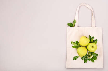 Textile bag for shopping, on a gray background. Eco household goods. The concept of recycling and...