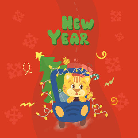 Christmas tiger . Cute drawings of characters on the theme of the New Year on a bright background. High quality photoの写真素材