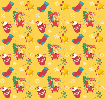 Christmas tiger in santa hat Pattern. Cute drawings of characters on the theme of the New Year on a bright background. High quality photoの写真素材