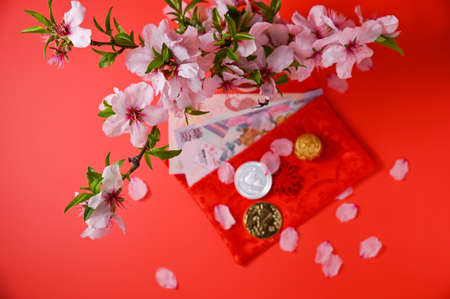 chinese new year festival decoration pow or red pack, orange and gold ingots or golden wad on red background. Chinese characters, cash flow.Year of the rabbit according the eastern calendar.Copy spaceの写真素材