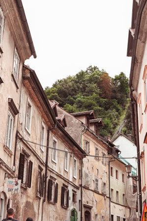 Old street in Slovenia. Roofs and windows on historic houses. High quality photoの写真素材