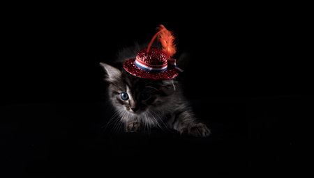 Kings Day in Holland. A small fluffy kitten in a hat with an orange kings day symbol and the flag of the Netherlands. High quality photo. Copy spaceの写真素材