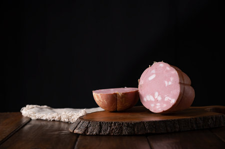 Mortadella. Traditional pork sausage with pistachios or black pepper. Italian delicacy from Bologna. High quality 4k footageの写真素材