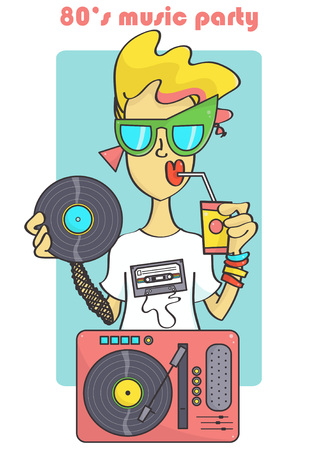 Fashionable, cute 80s style DJ girl in cool sunglasses and with vinyl record playerのイラスト素材