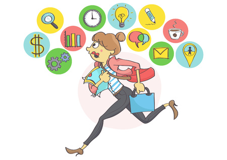 Manager woman or a clerk running all in stress, business icons aboveのイラスト素材