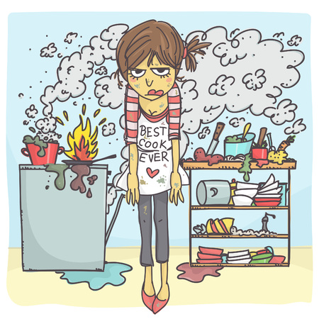 Funny vector cartoon of angry and stressed woman in messy kitchenのイラスト素材