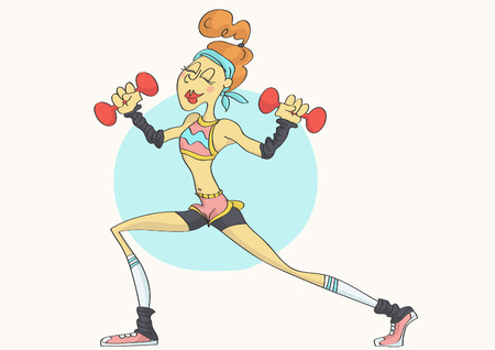 Cartoon of funny, stylish woman with fit body in sporty outfit exercising with dumbbellsのイラスト素材