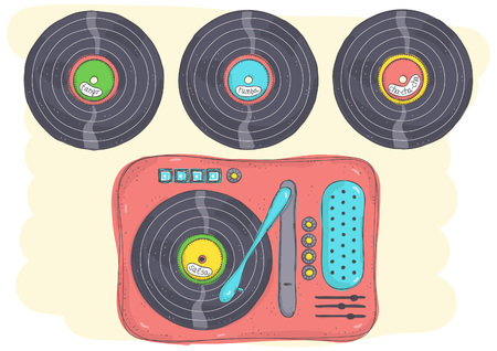 Retro doodle illustration of record player with Latin music records.のイラスト素材
