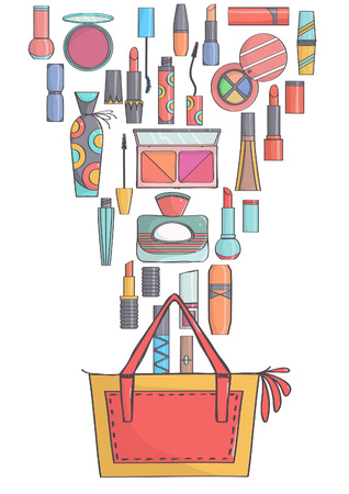 Trendy yellow and red handbag with makeup and beauty products. Colorful makeup and perfumes falling in or out of bag.のイラスト素材