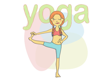 Cartoon of a girl doing yoga pose. Pretty young woman exercising yoga.のイラスト素材