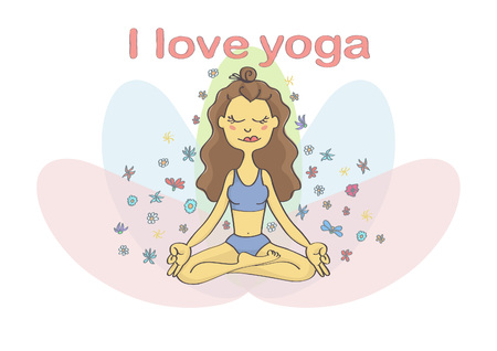 Cute, colorful illustration of young woman or girl practicing yoga. Vector drawing of yoga perfect position on colorful background.のイラスト素材