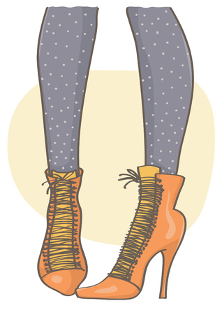 Illustration of female legs with orange pointy boots and black dotted stockings.のイラスト素材