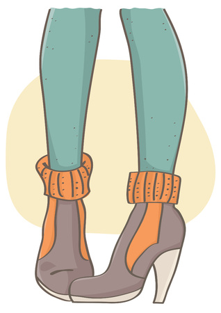 Lady legs with brown rounded toe boots and green stockings. Vector illustration with cute brown booties.のイラスト素材