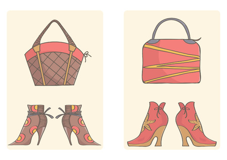 Footwear and handbags for women, vector collection. Brown and pink bags and boots on simple background.のイラスト素材
