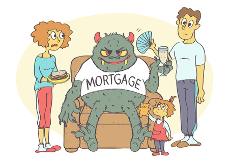 Cartoon of young family with mortgage in their home. Vector illustration of mortgage concept.のイラスト素材