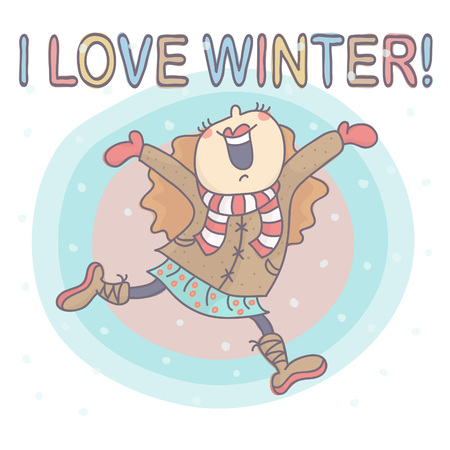 Cute, funny winter girl running in snow. Vector drawing with girl running and jumping of joy because of snow.のイラスト素材