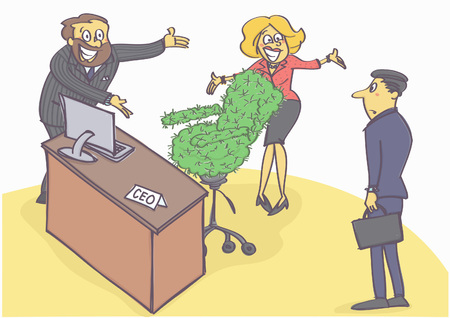 Funny cartoon illustration with two managers welcoming new chief executive with cactus chair.のイラスト素材
