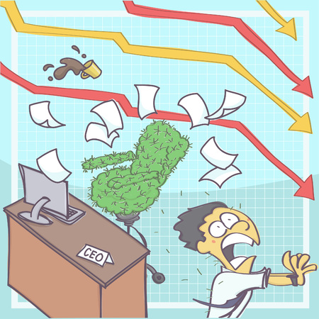 Funny cartoon illustration of manager or chief executive panicking and running from office with cactus chair, chart arrows in the background showing business downfallのイラスト素材