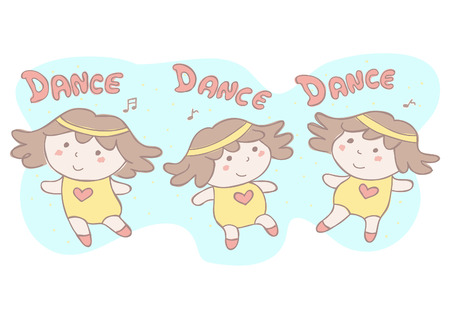 Cute vector cartoon illustration with set of three little girls dancingのイラスト素材