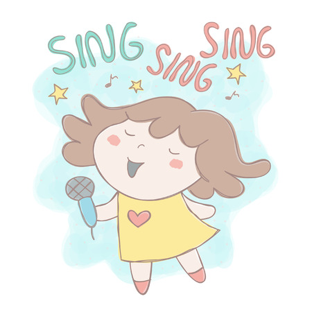 Hand drawn style vector illustration with adorable little girl singingのイラスト素材