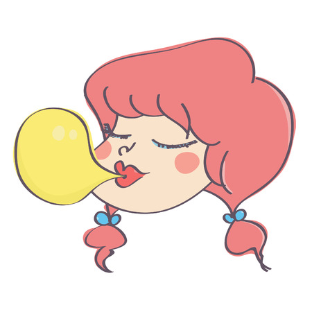 Cute girl head with pink pony tails blowing chewing gum bubble, vector cartoon isolated on white backgroundのイラスト素材