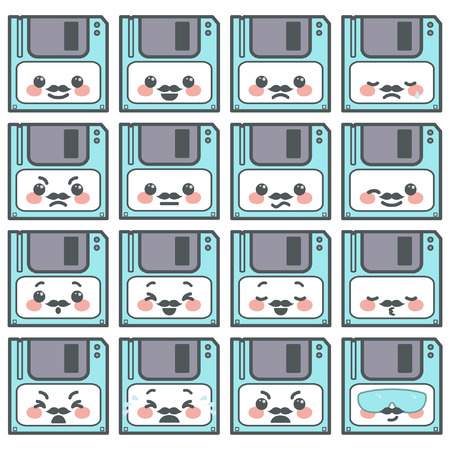 Collection of cute little diskette emoticons with mustache expressing different emotions, vector cartoon isolated on white backgroundのイラスト素材