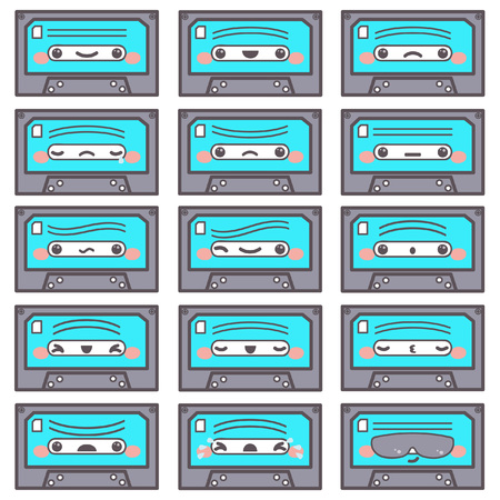 Set of fifteen cute blue cassette emoticons with different face expressions and feelings, vector cartoon isolated on white backgroundのイラスト素材