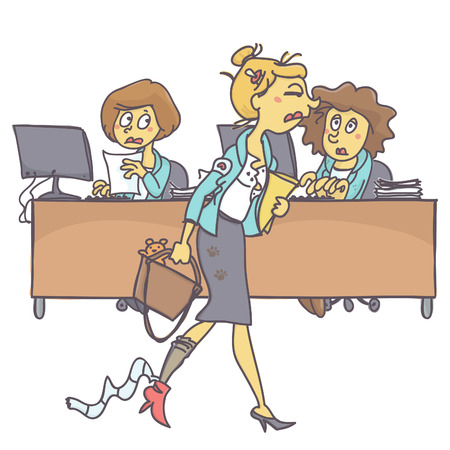 Tired and messy young mother coming to work while coworkers look at her with compassion, colorful vector cartoon on white backgroundのイラスト素材