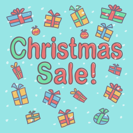 Colorful vector drawing with Christmas Sale inscription and gift boxes falling aroundのイラスト素材