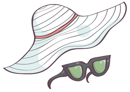 Cute white female hat with retro black sunglasses, isolated vector drawing on white backgroundのイラスト素材