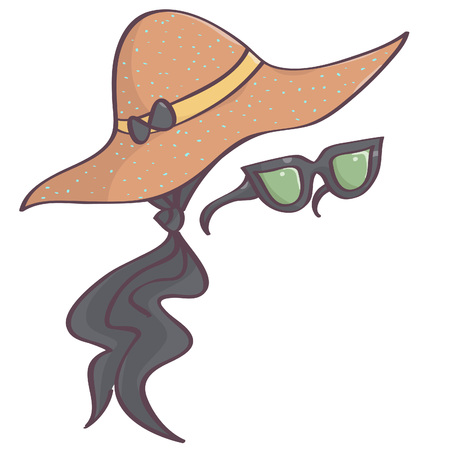 Isolated vector drawing of stylish set with black head scarf, brown dotted hat and retro sunglassesのイラスト素材