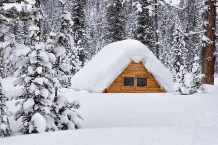 small house hidden under the snow in the forest full of snowdriftsのeditorial素材