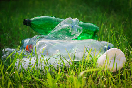 Plastic bottles and bottle caps on grass in park, littering of environment. Problem of global plastic pollution of the Earth.の写真素材