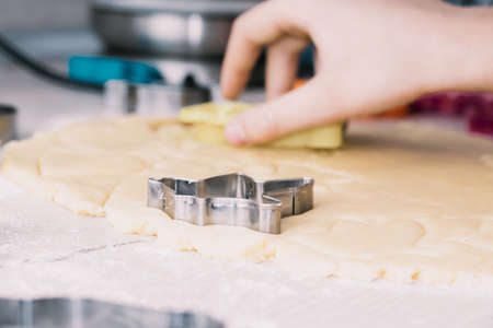 Girl bakes Christmas gingerbread cookies, cooking in the kitchen.の写真素材
