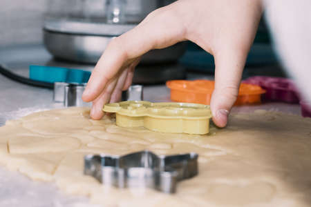Girl bakes Christmas gingerbread cookies, cooking in the kitchen.の写真素材