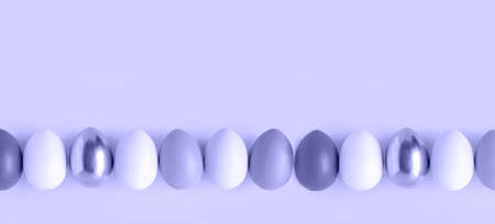 Easter banner with colorful Easter Egg in a row. Border over a violet background. Above view with...