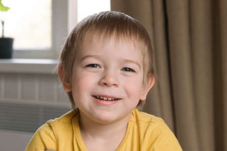 Child boy with blonde hair baby looking at camera. Portrait 3 years old kid. Boy toddler at home. Early age children education development. Authentic candid lifestyleの写真素材
