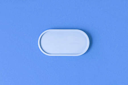 Podium for cosmetic product presentation. Abstract minimal geometrical form on blue background. Oval...