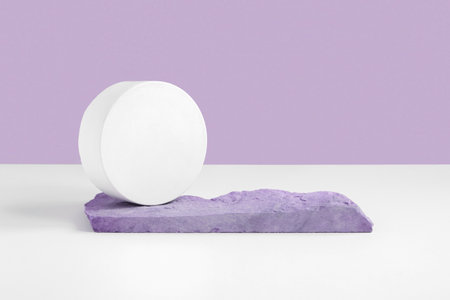 Stone Podium for promotion on violet Background. Natural pedestal. Two stone podiums. Beauty product mockup. Scene to show products. Showcase, display case. Front View, soft shadow. Rock. Very periの写真素材