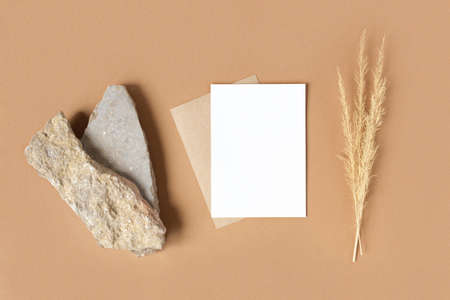 Blank greeting card, invitation mockup. Dry grass, pampas plant on beige table background. Flat lay, top view. Copyspace. Paper cards, mock up. Modern Minimal business brand template. Soft shadow. A6の写真素材