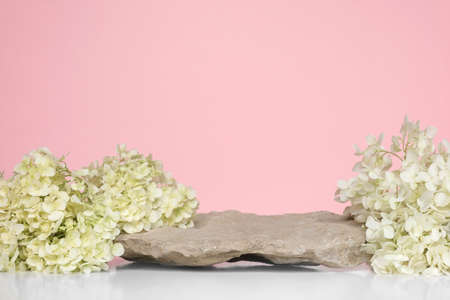 Stone Podium with flowering hydrangea branches for product presentation. Abstract minimal natural rock pedestal on pink background. Showcase, white flowers soft shadow. Scene, display case Front viewの写真素材