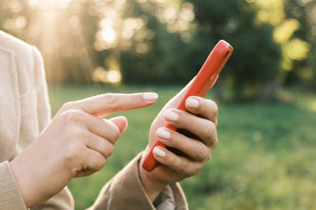 Closeup of female hands using a smart phone, nature background. Woman using mobile phone in sunset outdoors. Unrecognizable person touching smartphone screen. Unknown girl holding cellphone outside.の写真素材