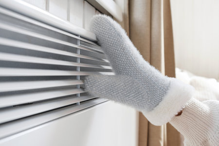 Hands in winter gloves warming up over electric heater. Frozen woman wearing a knitted mittens...
