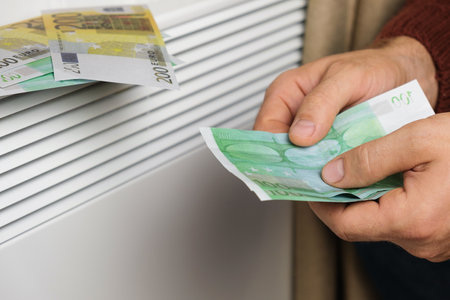 Human Hand Holding Euro Banknotes near Electric Heater Radiator at Home. Man Pay Money for Heating. Expensive to heat. energy saving. Rising Cost of Living. Global Gas Crisis. Paying Cold Season Billsの写真素材