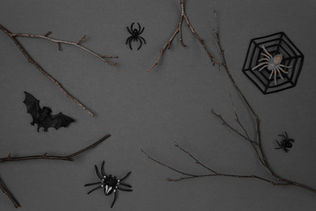 Halloween black background with bats, spiders, pumpkins and twigs. Modern holiday design. Halloween party border on Dark Gray colour. Flat lay, top view, copy space. Thanksgiving fall decoration. 2022の写真素材