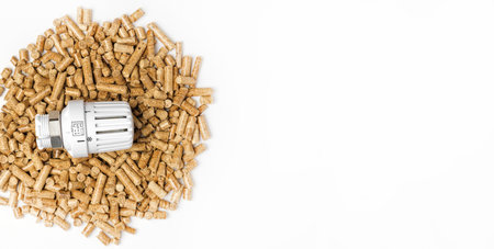Wooden Pellets with Thermostat. Thermostatic Valve Head Isolated on White Background. Renewable Source of Heating. biofuel. Ecological Fuel made from Biomass. The Alternative Energy Source. gas crisis.の写真素材